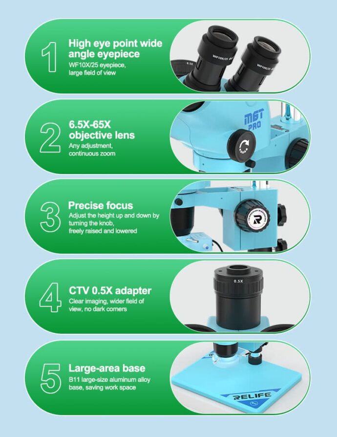 RELIFE RL-M6T PRO-M28 6.5-65X TRINOCULAR HD STEREO MICROSCOPE CONTINUOUS ZOOM WITH M28 STAND ARM - Image 2