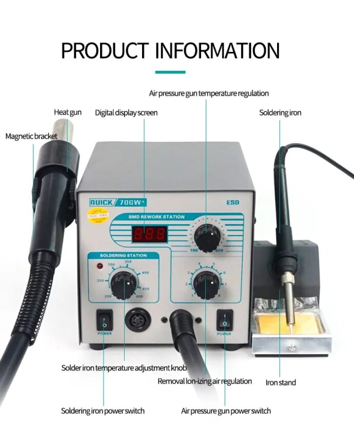 QUICK 706W+2 IN 1 HOT AIR SMD REWORK STATION SOLDERING STATION 630W - Image 4